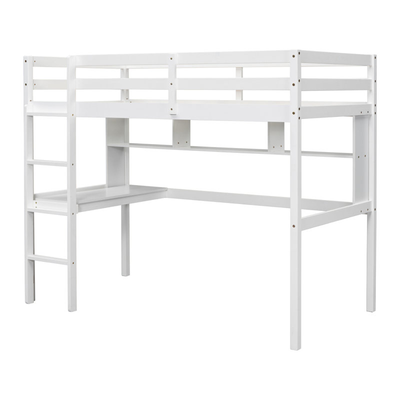 Lit mezzanine simple avec bureau et tablettes, barrière de sécurité et échelle, Blanc