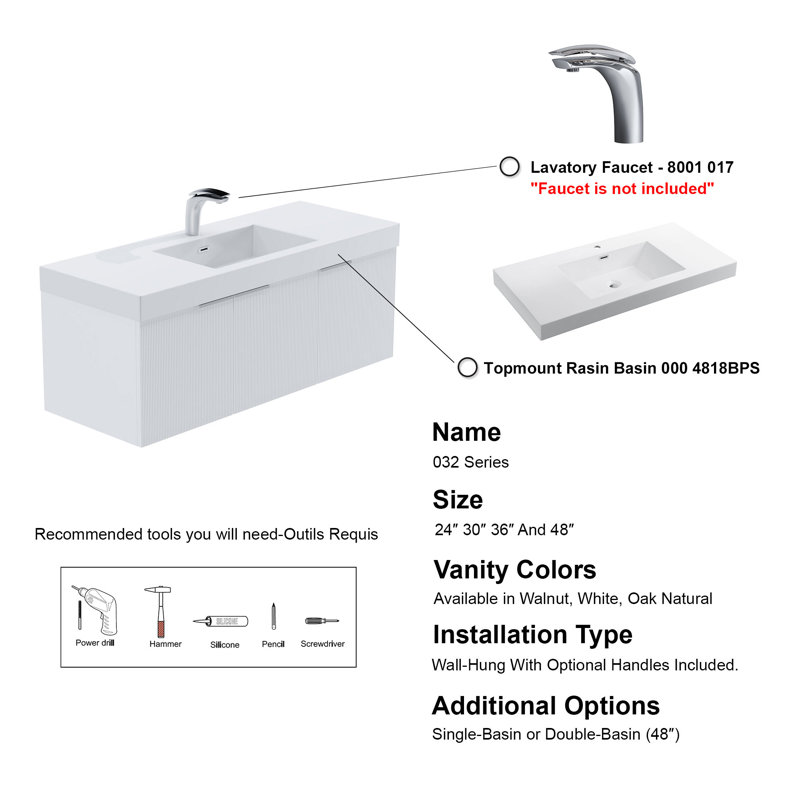 48" Single Vanity Set, Base, Resin Top, White