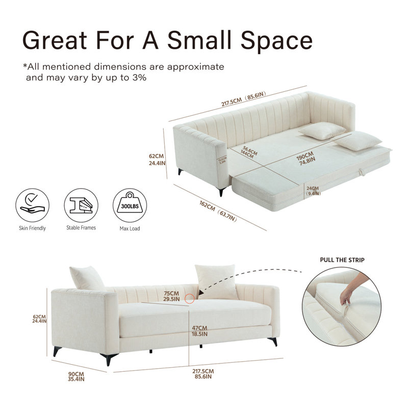 Canapé-lit convertible de 84,6 po Get Set Style, canapé-lit pliant 2 en 1 avec 2 coussins, canapé-lit moderne pour appartement, salon et chambre d'amis (blanc)