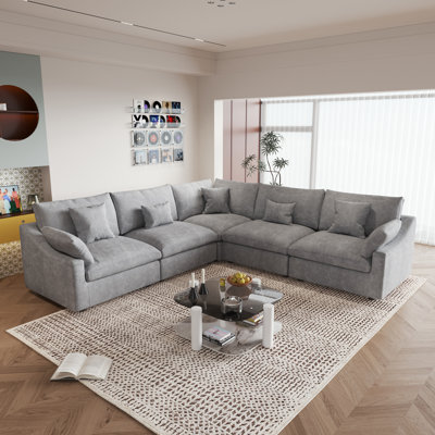 Canapé modulaire en lin à revêtement en L 5 pièces Kyna (5 places)