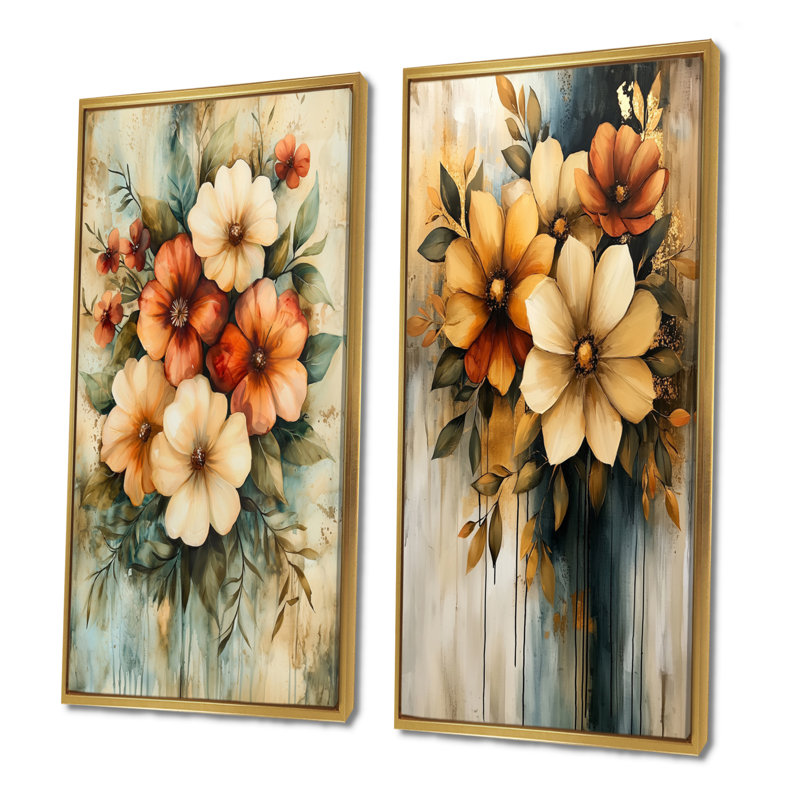 Abstract Autumn Flowers Infinit Balance I - Abstract Wall Art 2 Pieces Collection, 28" H x 25" W, Gold Floater Framed