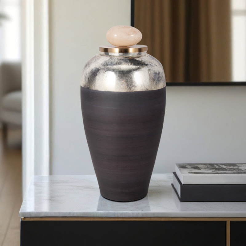 Jar with Glass Body Metal Trim and Resin Lid Featuring Modern Sculptural Design and Contemporary Artistic Elements for Decorative Accent Appeal in Stylish Home Decor Settings