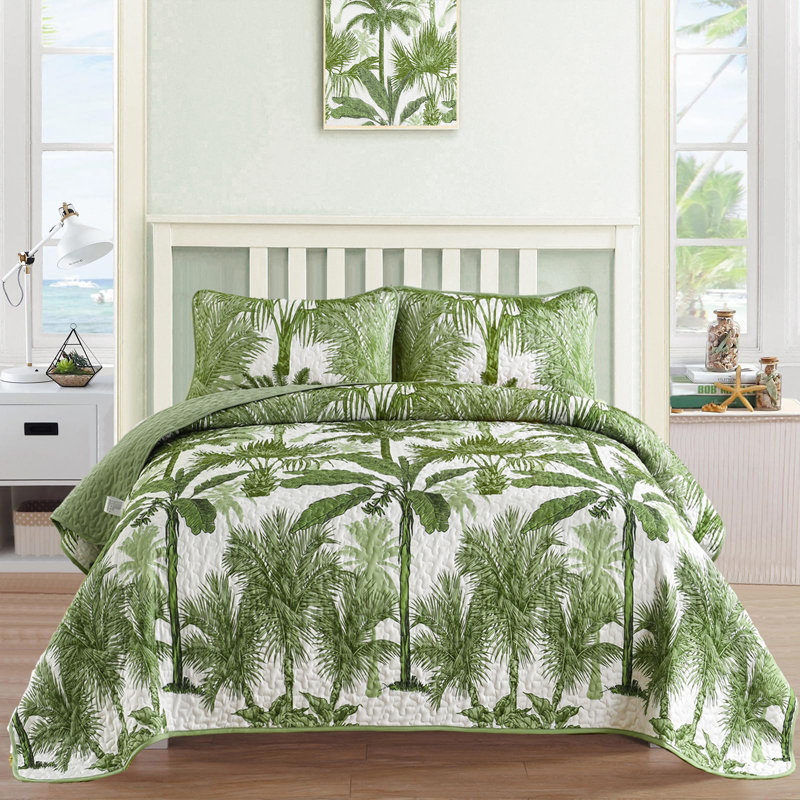 3-Piece Tropical Plants Quilt Set Botanical Bedspread Rainforest Style Bedding Set Soft Lightweight All Season Bed Cover