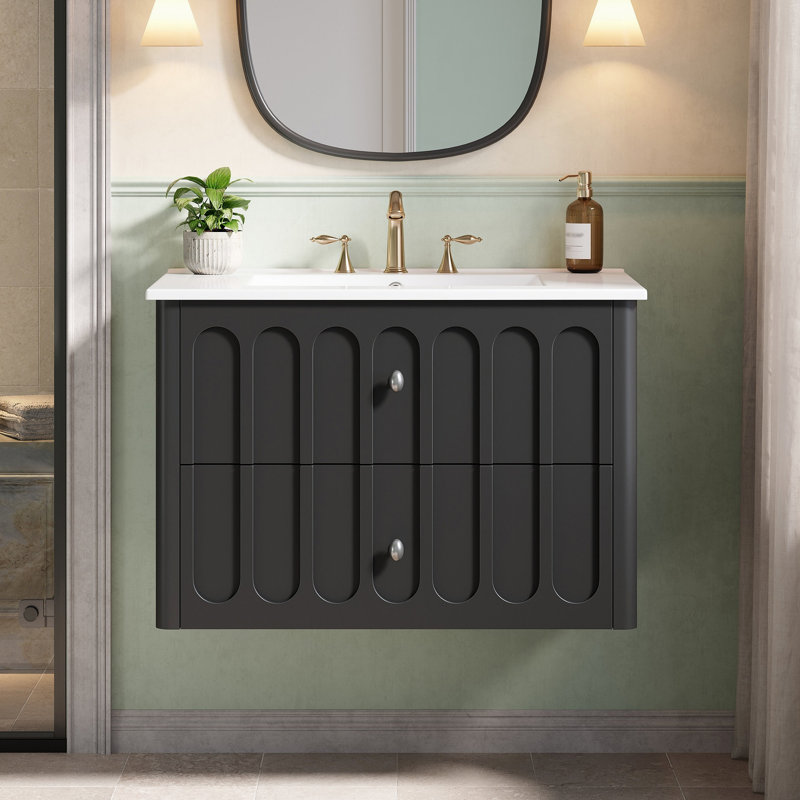 30" Modern Floating Bathroom Vanity with Oval Knobs & Round Edge, Soft-Close Drawer Slides, Bathroom Cabinet with Ceramic Sink