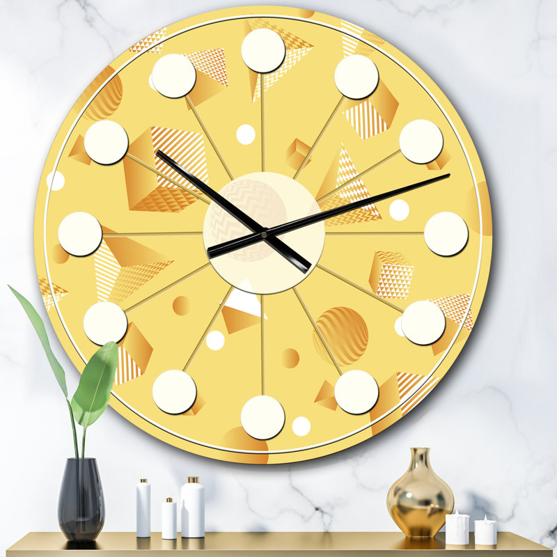 Minimal jaune formes géométriques - horloge murale Mid-Century moderne, Surdimensionné