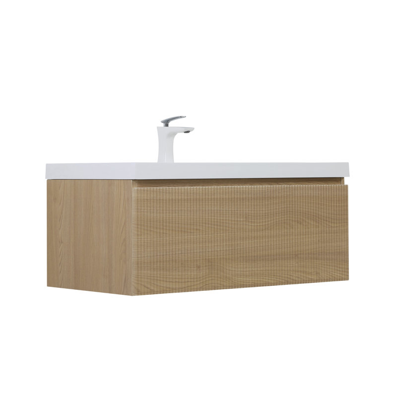 Meuble-lavabo mural avec lavabo à surface solide, Blanc, Bois de chêne naturel, 35"