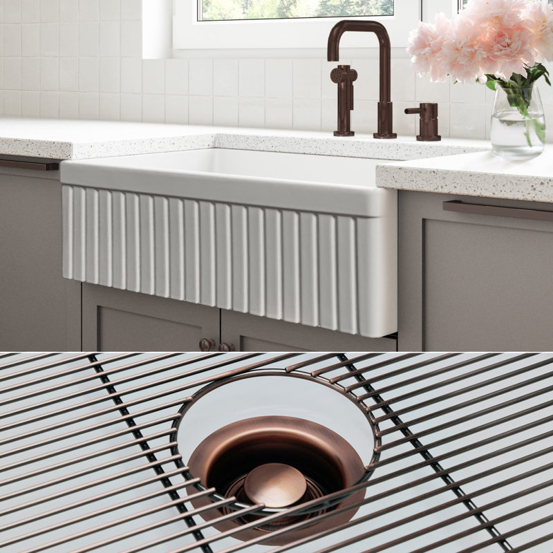 Luxury Solid Fireclay Farmhouse Sink, Antique Copper Accessories