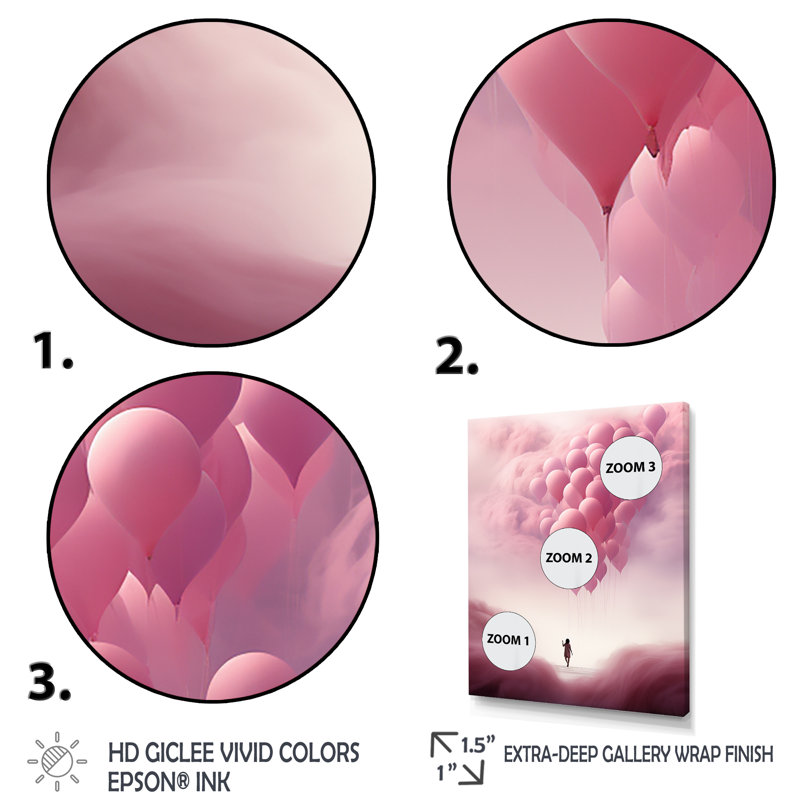 «Pink Air Balloon Woman Solitude III», art mural abstrait, Cadre flottant blanc, 60" H x 28" W