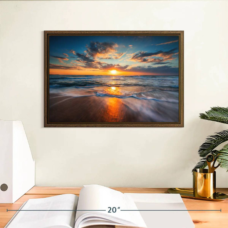 Été, océan, lever de soleil, 13 po x 9 po, Cadre flottant noyer