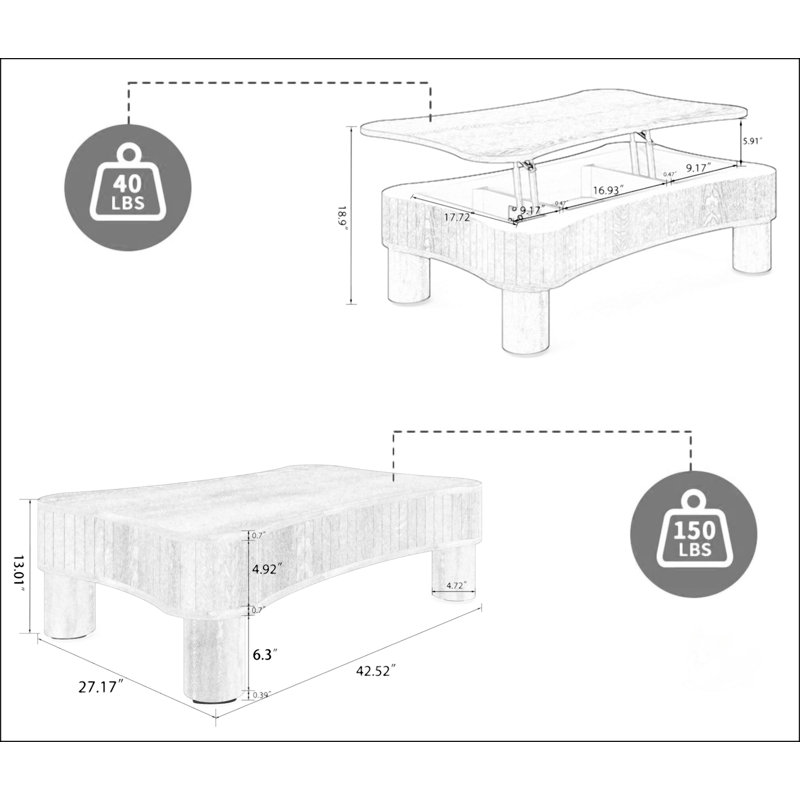 Table basse à plateau relevable, Bois naturel