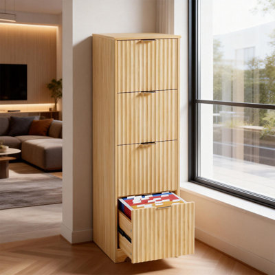 4 Drawer Wooden File Cabinet Wood Grain Finish Fluted Design P2 MDF & Particleboard by Winado