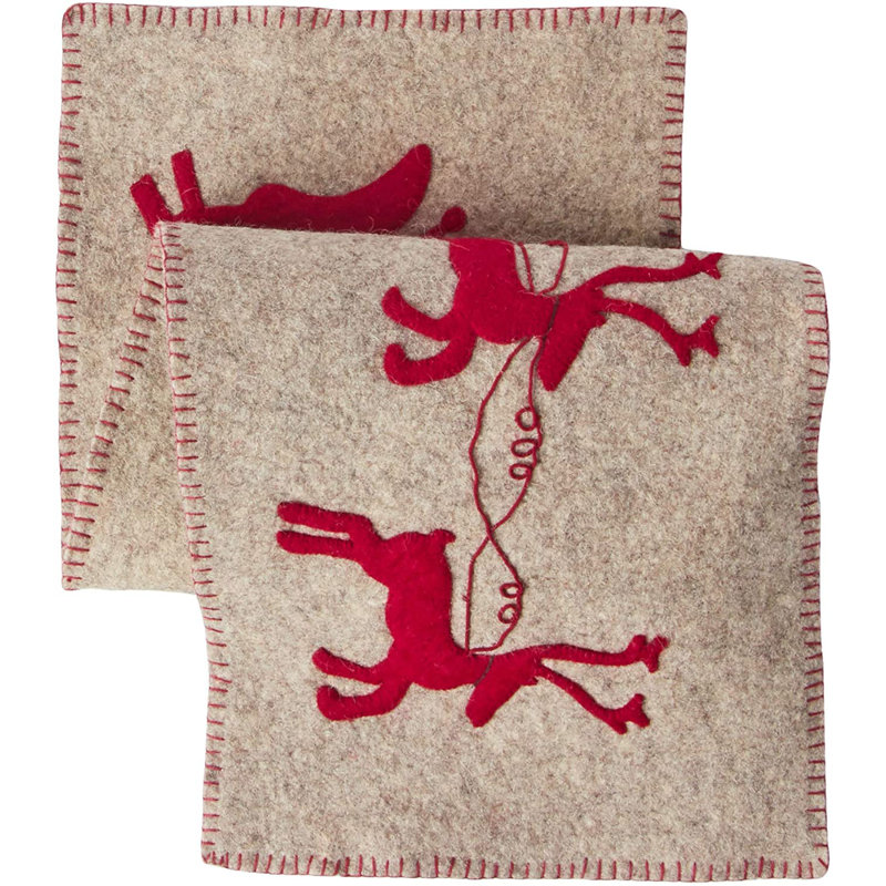 Handmade Hand Felted Wool Table Runner with Reindeer and Sleigh