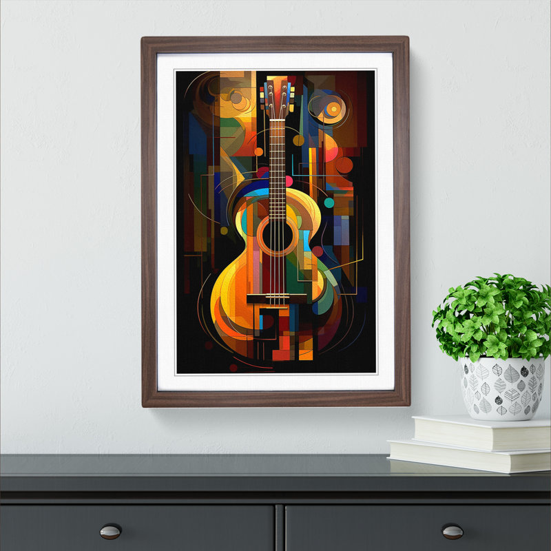 Acoustic Guitar Art Deco No.2 - Single Picture Frame Print on Wood, 64cm H x 46cm W, Walnut Framed