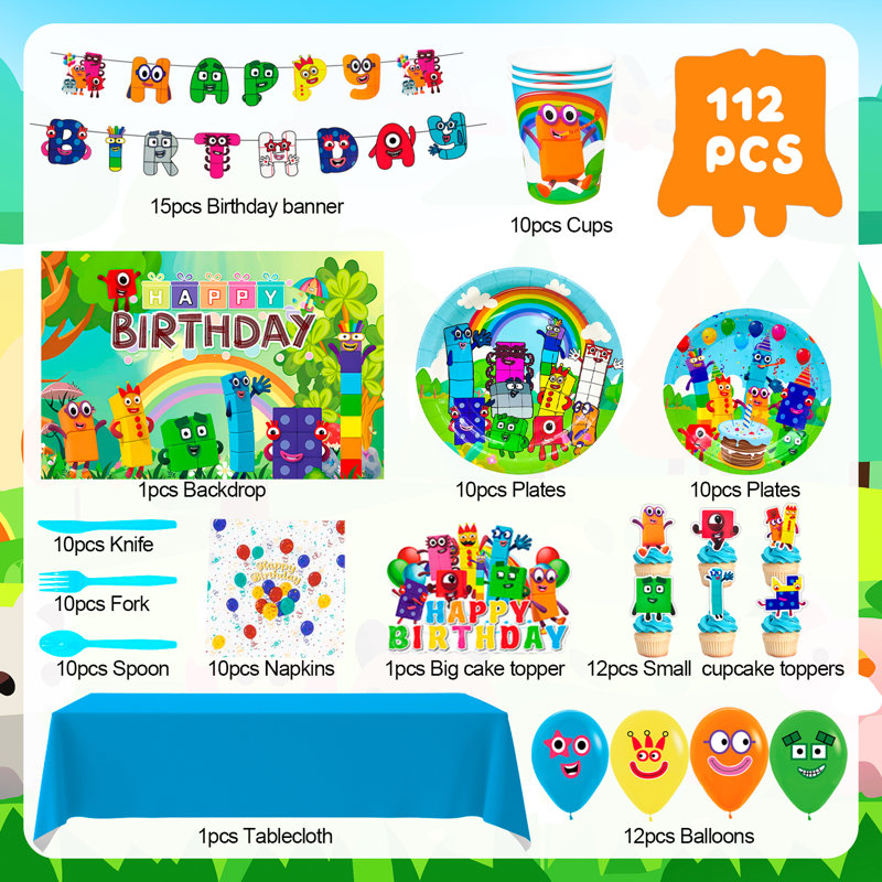 112 pièces décorations d'anniversaire Number Blocks, vaisselle de fête Number Blocks 