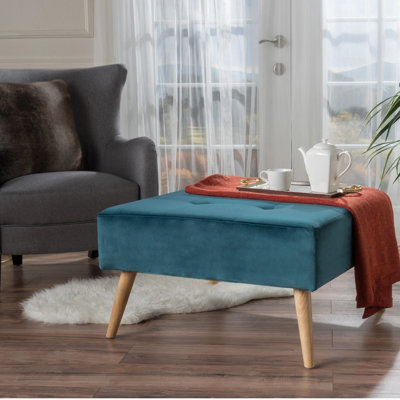 Velours bleu sarcelle au design moderne Mid-Century avec pieds et surface en bouleau massif, aspect 30,5 x 30,5 x 17 pouces, velours, pieds, apparence,