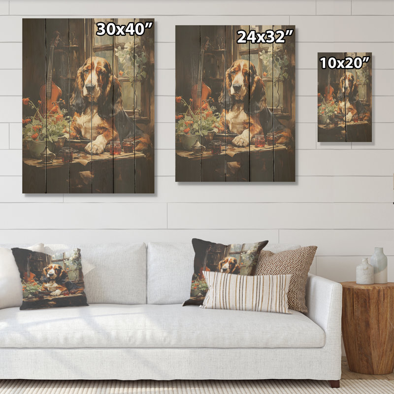Basset hound Melody I - chien, art mural sur bois de pin naturel, H 32 po x l 24 po