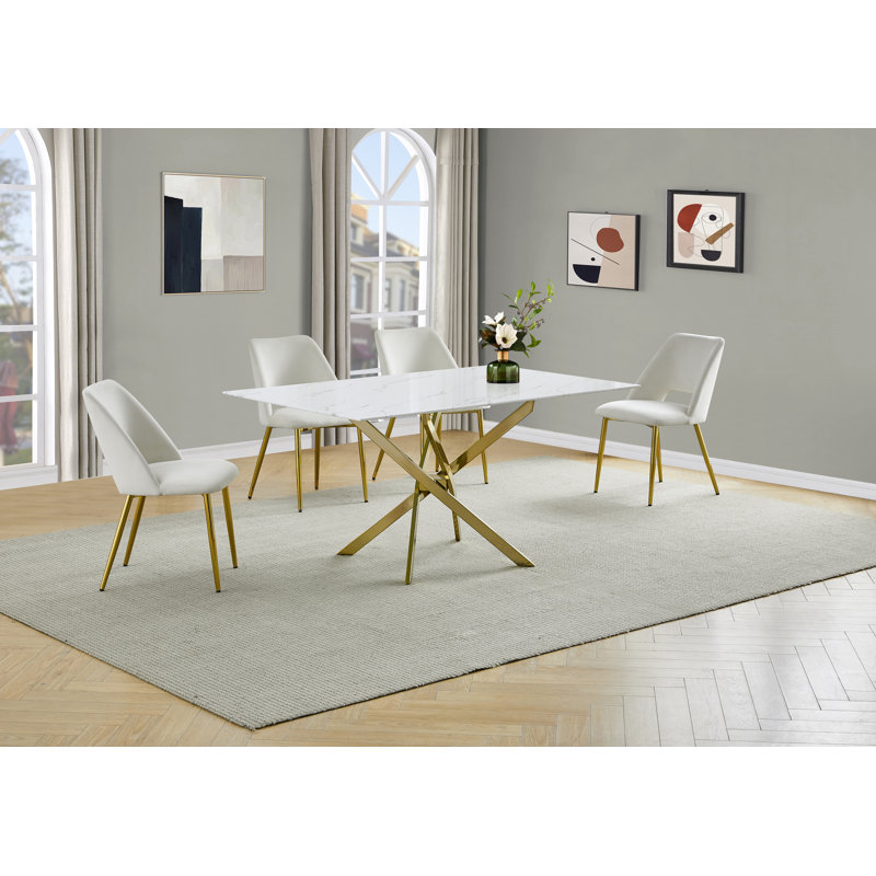 Ensemble de salle à manger en verre avec revêtement en marbre et chaises d'appoint rembourrées, Crème, crème