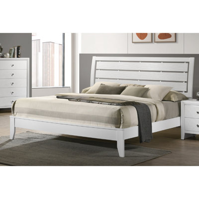 Très grand lit géométrique à finition blanche - Tête de lit légèrement incurvée et mobilier de chambre à coucher en bois conçu pour la détente