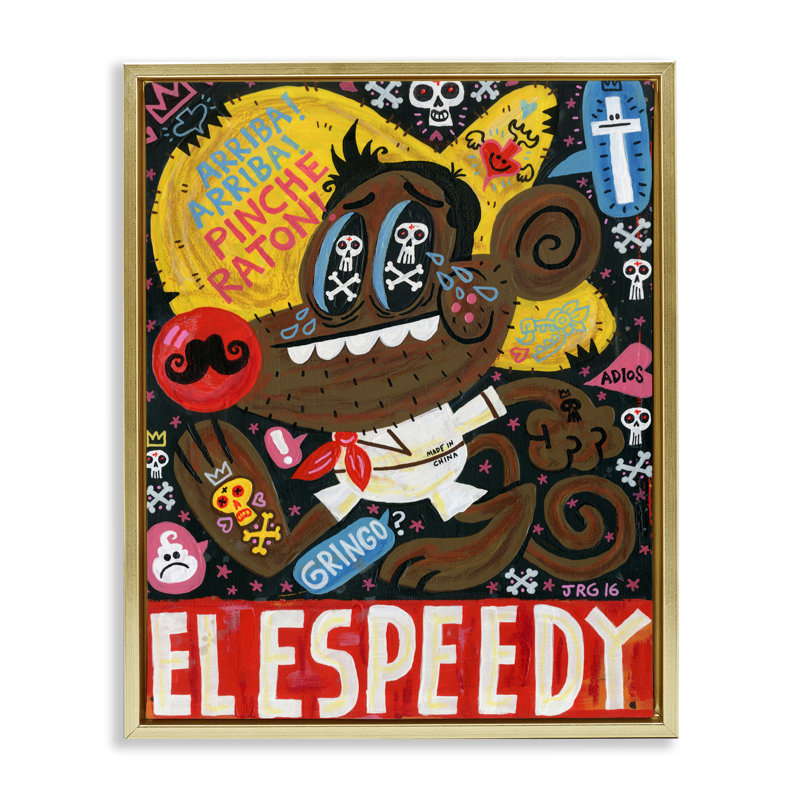 Cadre flottant El Speedy Culture Collage, design par Jorge R. Gutierrez, H 21 po x l 17 po, Cadre flottant métallique doré