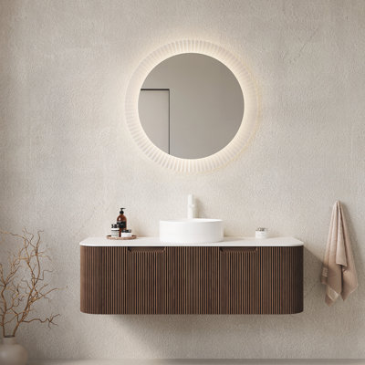 Armoire de salle de bain 48 po avec lavabo, meuble de rangement mural à bordures courbes et flottantes avec tiroir