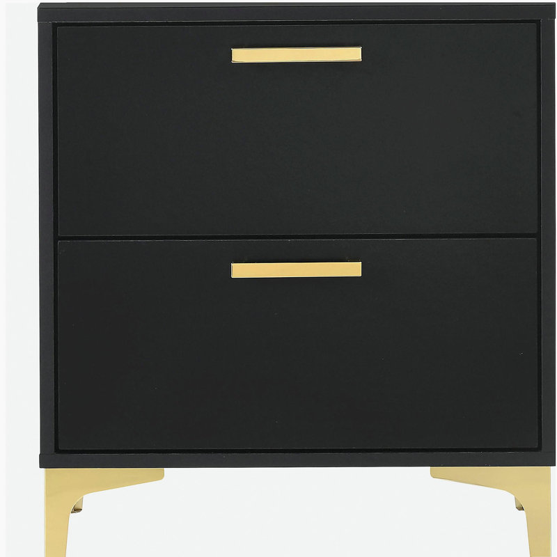 Black and Gold 2-Drawer Rectangular Nightstand, Black