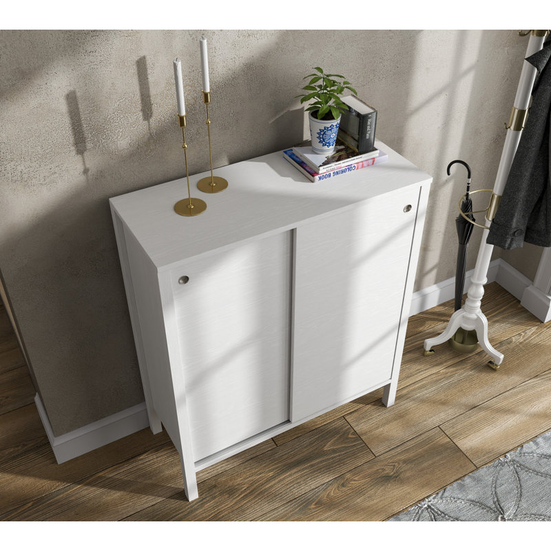 Modern Shoe Cabinet with Multiple Shelves, 36.2 x 41.7 x 15.0 inches | 100% Melamine Coated Particle Board, 0.7-inch Thickness | Wall-Mountable, MDF Profile Legs, Metal Handles | Elegant White Finish for Stylish Entryway
