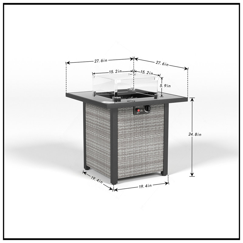 Élégante table de foyer d'extérieur au propane de 28 pouces, aspect rotin et osier, foyer en verre trempé au gaz de 50000 BTU avec pare-brise en verre pour l'extérieur du patio et du jardin (gris et blanc)
