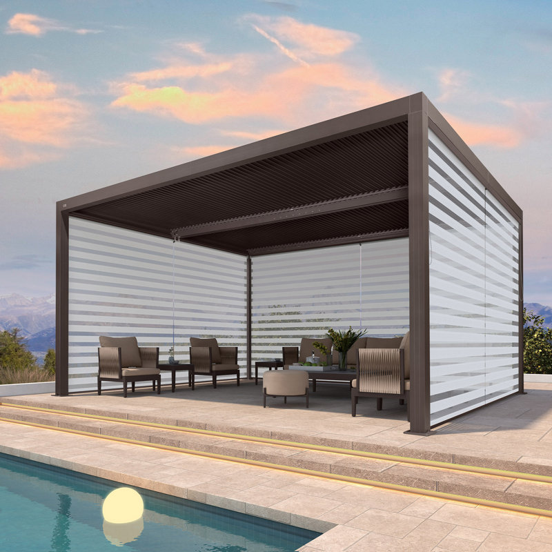 Pergola à persiennes 12 'x 16' avec store à enroulement, 1 côté long et 2 côtés courts