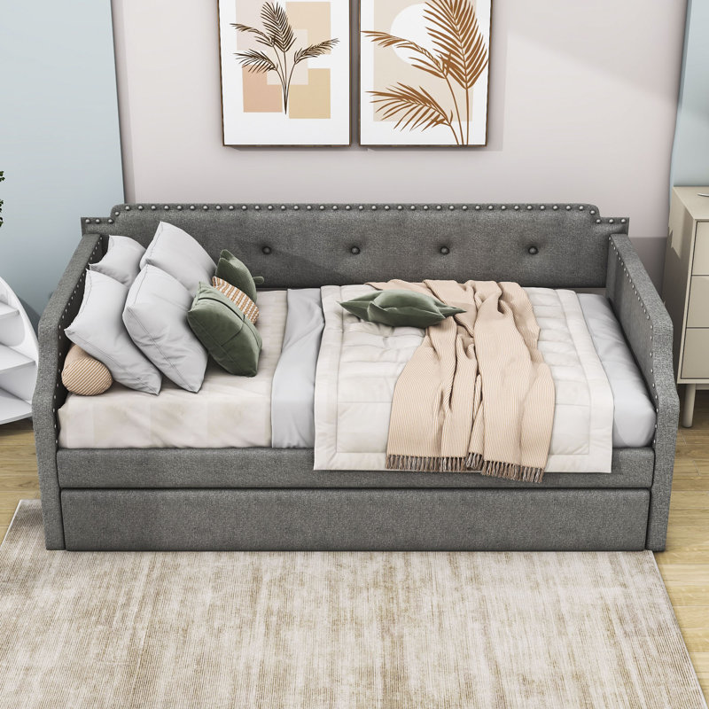 Venancio Twin Size Upholstered Daybed with Twin Size Trundle and Slat Support, Gray
