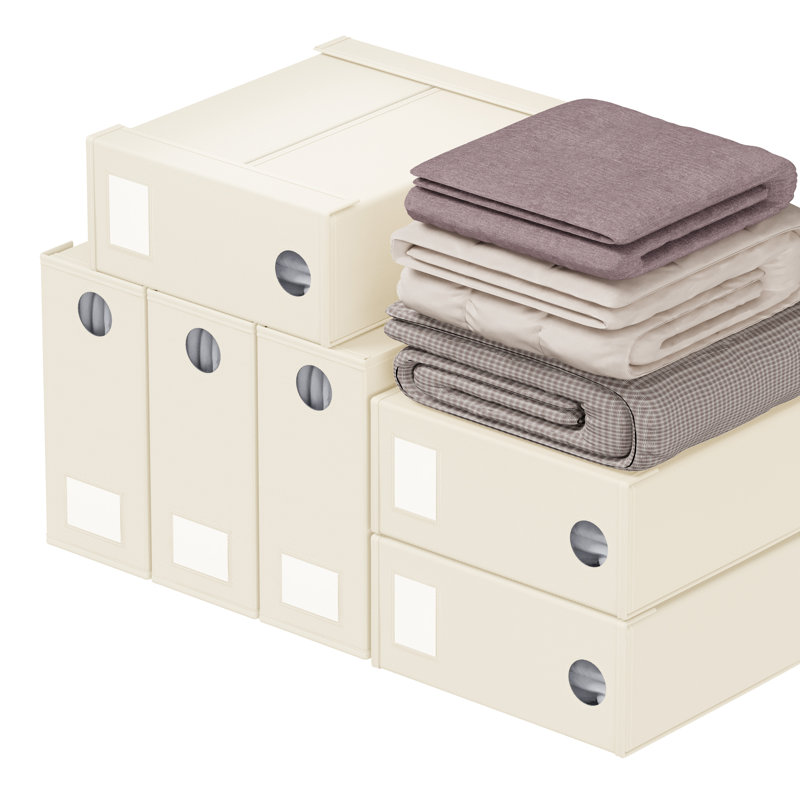 6 Pack Bed Sheet Organizers and Storage, Foldable Linen Closet Organizer with Window for Queen and King Size Bedding, Beige