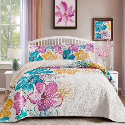 3 Piece Botanical Floral Quilt Set  with Pillow Shams Soft Lightweight Flower Bedding Set for All Season