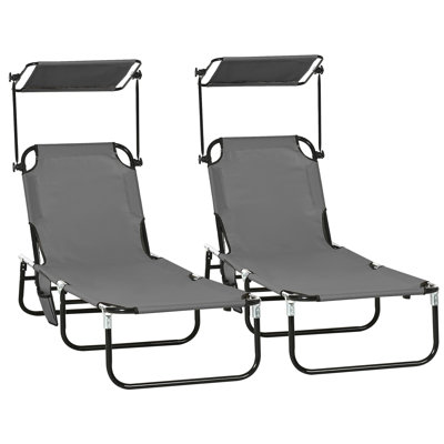 Dark Gray Poolside Sun Chairs With Fabric And Guard - Yard Chair Canopy By Foldable Reclining Lounge For Patio, Beach, Pool Sunbathing