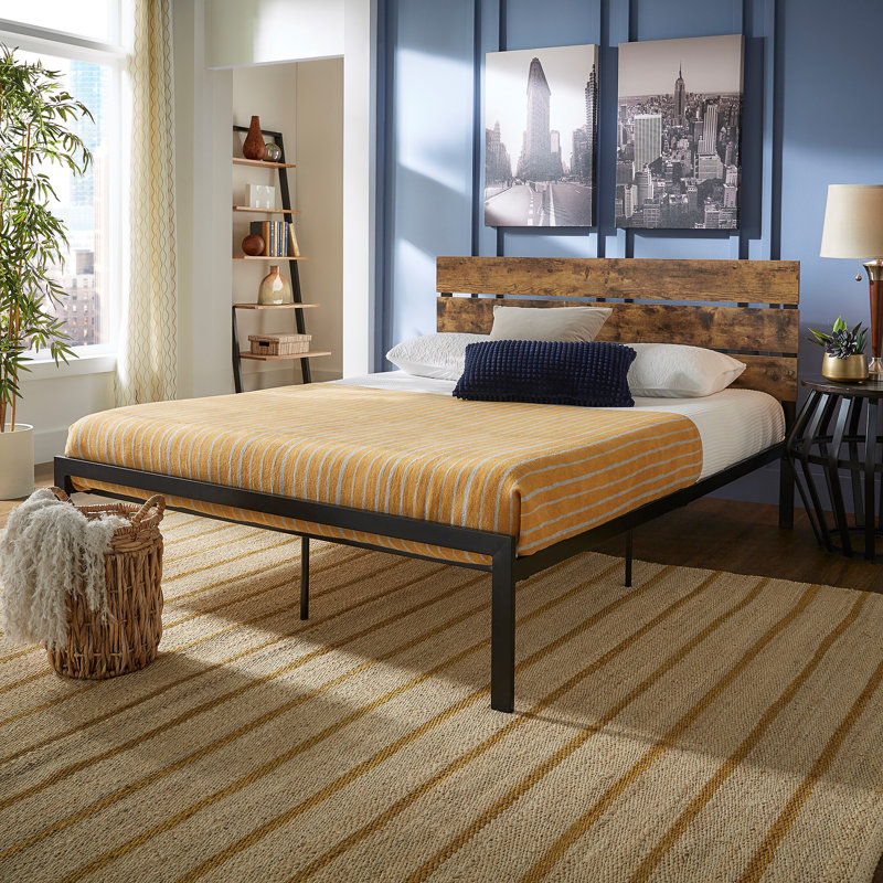 Paloma Metal Platform Bed Frame with Wooden Headboard, No Box Spring Needed, Full/Double, Brown