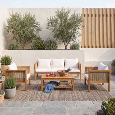 4-Piece Acacia Wood Patio Conversation Set with 3-Seat Sofa, 2 Armchairs and Storage Coffee Table for 5