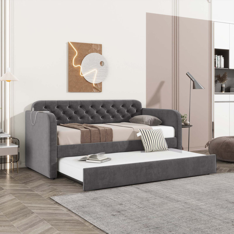 Upholstered Daybed With Trundle And USB Charging Design, Dark Gray