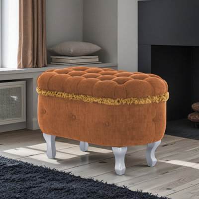 Banc de fenêtre orange en tissu à boutons 29,5 po, coussin en mousse haute densité à l'extrémité du lit, pieds en bois stables pour vestibule
