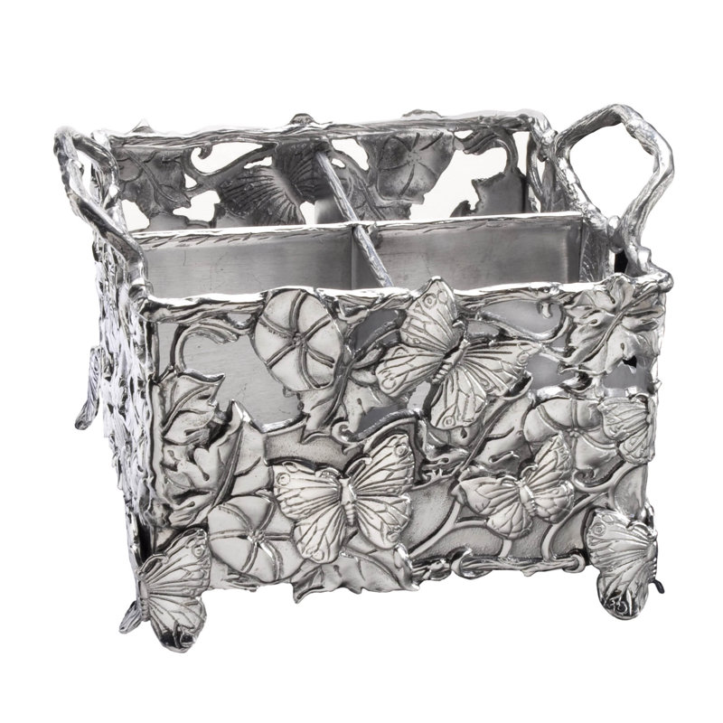 Silver Butterfly and Floral Aluminum Square Flatware Caddy