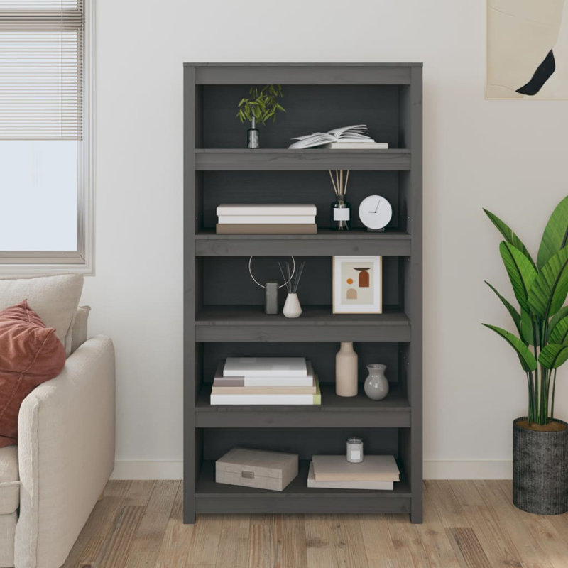 Shinn 154cm H Solid Wood Standard Bookcase, 154cm H x 80cm W x 35cm D, Grey