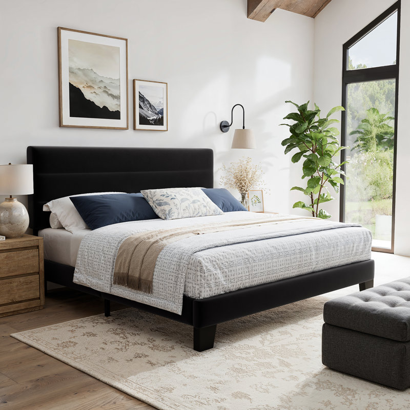 King Size Platform Bed Frame with Upholstered Headboard and Wooden Slats, King, Black