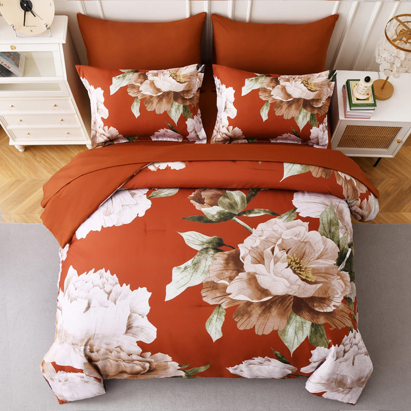 7-Piece Large-Scale Floral Comforter Set Vintage Botanical Print Duvet Cover Set Bed in a bag, Burnt Orange