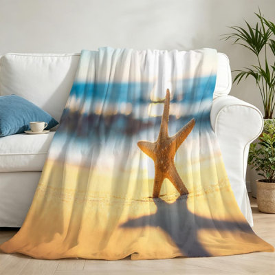 Blue Ultra Soft Flannel Fleece Throw Blanket,Beach of The Starfish on Single-Sided Print