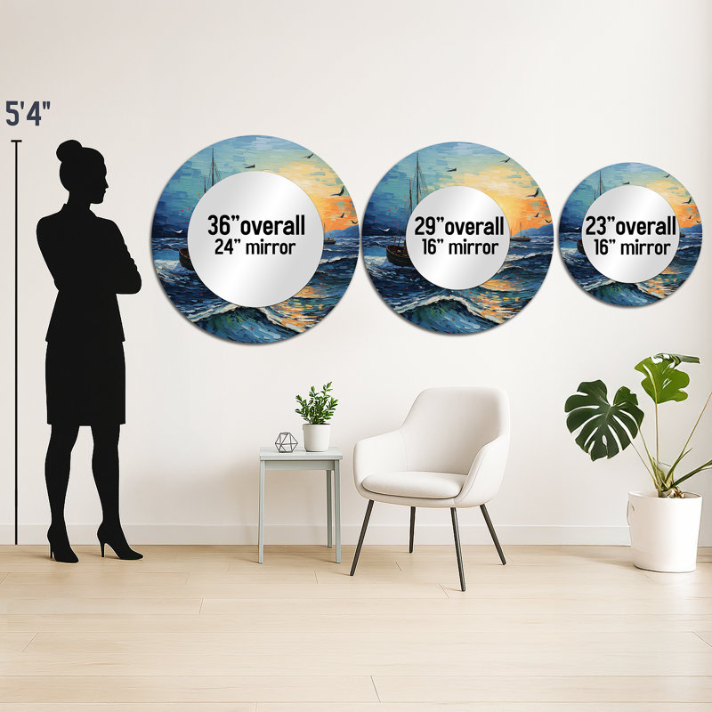 Vangogh Seascape With Fishing III - Vangogh Large Wall Mirror, Traditional Round Unique Mirror, Printed Metal Art, 23" x 23"