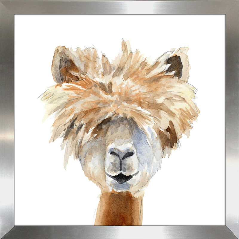 «Llama with Bangs», reproduction de peinture à l'aquarelle, H 37,5 po x l 37,5 po x P 1 po, Encadrement argenté