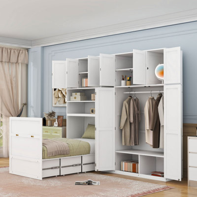 Twin-Size Murphy Bed with Built-In Wardrobe and Shelves,LED lighting