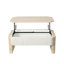 Table basse rectangulaire moderne à plateau relevable, fini beige et jaune, matériau, surface de travail flottante pour une assise confortable, compartiments de rangement, design contemporain avec pieds fuselés et bois chaleureux.