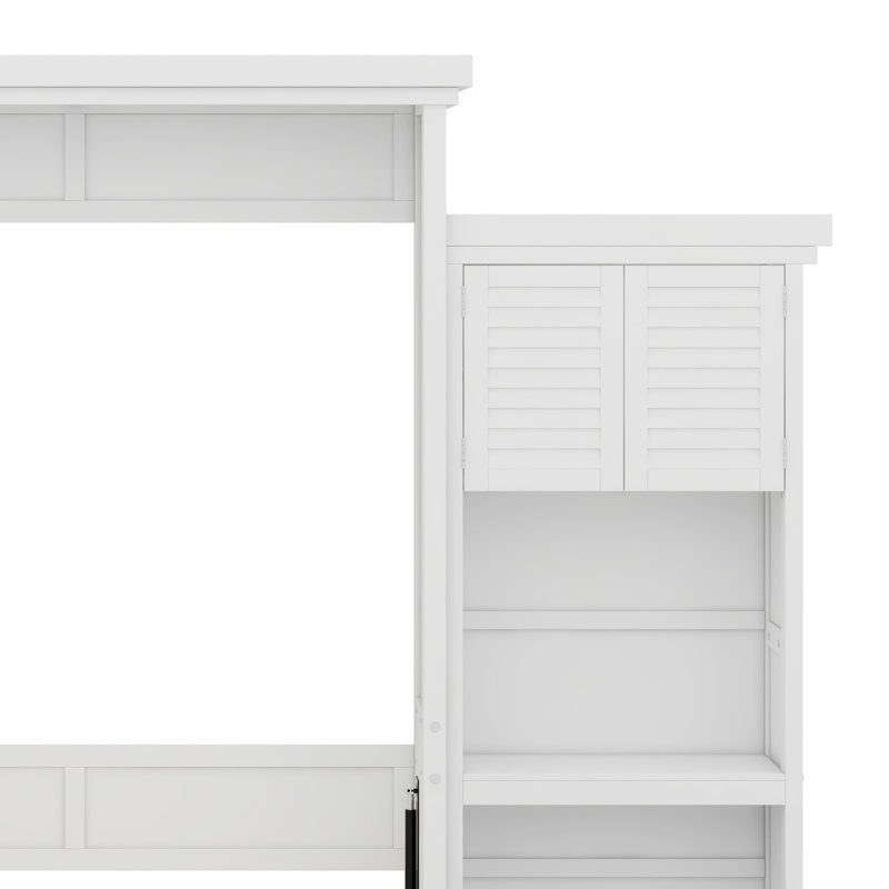 Lit escamotable avec tablettes de rangement et décoration à persiennes, Blanc