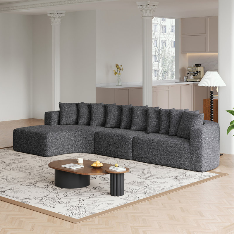 Chenille Sectional Sofa Set with 10 Pillows and Left Chaise, Left Hand Facing, Gray Chenille