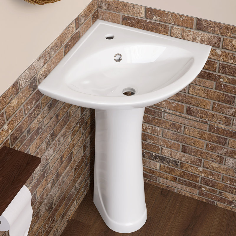 23" W X 19" D X 30.5" H Corner Vitreous China Pedestal Sink Combo Triangular White Bathroom Sink Ceramic Vessel Basin Base with Single Faucet Hole & 1 Overflow
