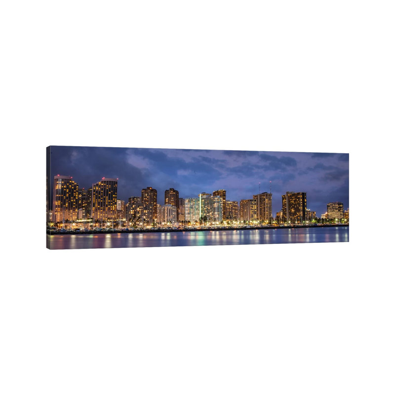 Honolulu Panoramic Skyline Cityscape (Sunset) by Unknown Artist - Wrapped Canvas Panoramic Print
