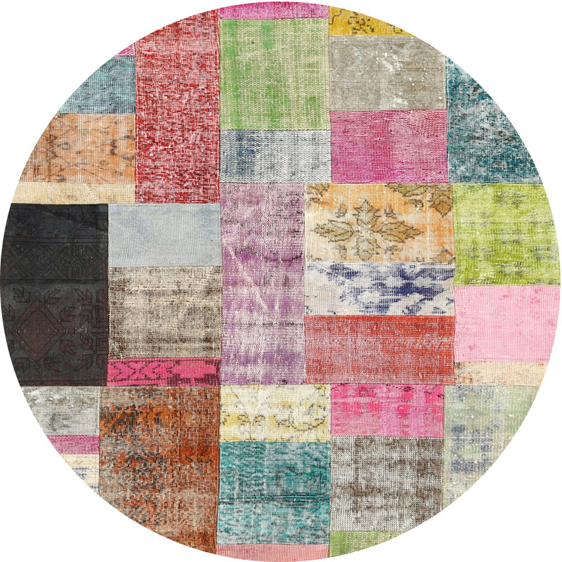 Tapis rouge/brun/bleu zone contemporaine, Rond 5 pi